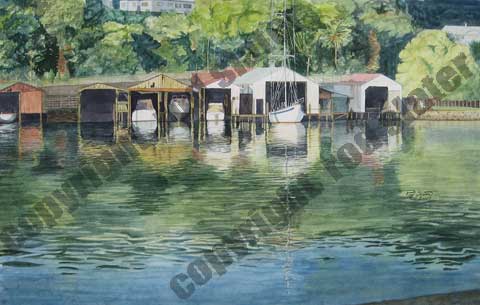 102 Whangarei Boat Sheds watercolour marine art - 102 Whangarei Boat Sheds
Near Chamberlin Bay
